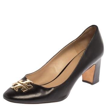 Pre Owned Tory Burch Black Leather T Logo Block Heel Slip On Pumps Size 39