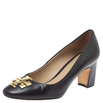 Pre Owned Tory Burch Black Leather Logo Block Heel Pumps Size 35.5