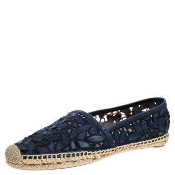 Pre Owned Tory Burch Blue Leather And Mesh Espadrille Flats Size 39
