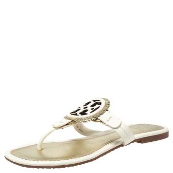 Pre Owned Tory Burch White/Gold Leather Flat Thong Sandals Size 35.5
