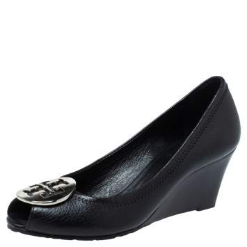 Pre Owned Tory Burch Black Leather Reva Peep Toe Wedge Pumps Flats Size 35.5 
