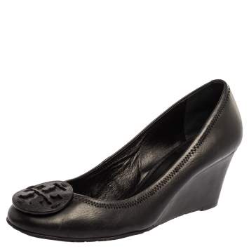 Pre Owned Tory Burch Black Leather Wedge Pumps Size 40