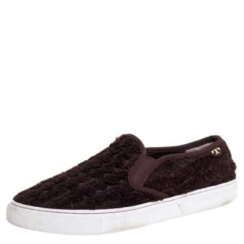 Pre Owned Tory Burch Dark Brown Fabric Rosette Slip On Sneakers Size 40.5