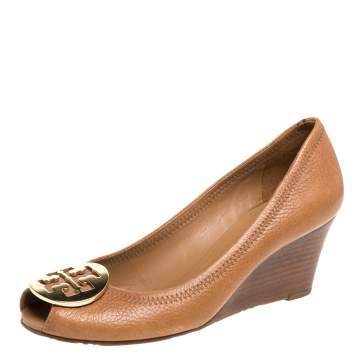 Pre Owned Tory Burch Brown Leather Wedge Peep Toe Pumps Size 37