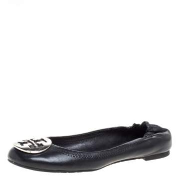 Pre Owned Tory Burch Black Leather Minnie Scrunch Ballet Flats Size 36.5