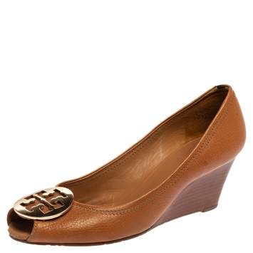 Pre Owned Tory Burch Brown Leather Wedge Peep Toe Pumps Size 39.5