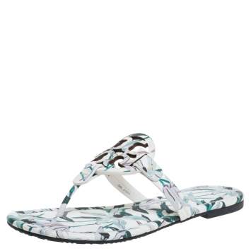 Pre Owned Tory Burch Tri Color Floral Printed Leather Miller Thong Flats Size 37