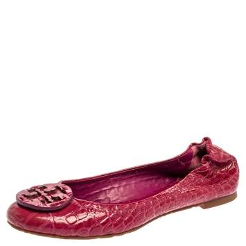 Pre Owned Tory Burch Pink Croc Textured Patent Leather Reva Ballet Flats Size 38