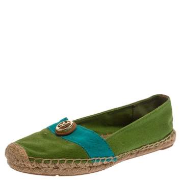 Pre Owned Tory Burch Green/Blue Canvas Beacher Espadrille Flats Size 35.5