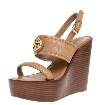 Pre Owned Tory Burch Brown Leather Selma Logo Wedges Platform Sandals Size 38
