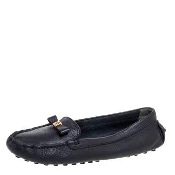 Pre Owned Tory Burch Blue Leather Bow Loafers Size 38.5
