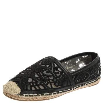 Pre Owned Tory Burch Black Leather And Mesh Espadrille Flats Size 38