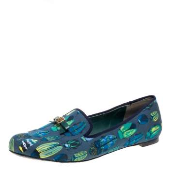 Pre Owned Tory Burch Blue Printed Fabric Chandra Smoking Slippers Size 37.5