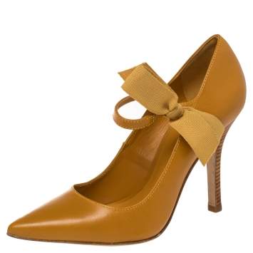 Pre Owned Tory Burch Mustard Leather Mary Jane Bow Pumps Size 38