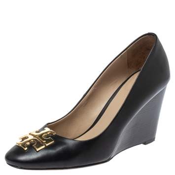 Pre Owned Tory Burch Black Leather Lowell Wedge Pumps Size 35