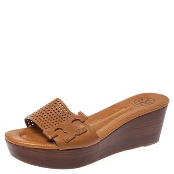 Pre Owned Tory Burch Brown Perforated Leather Wedge Slide Sandals Size 36.5