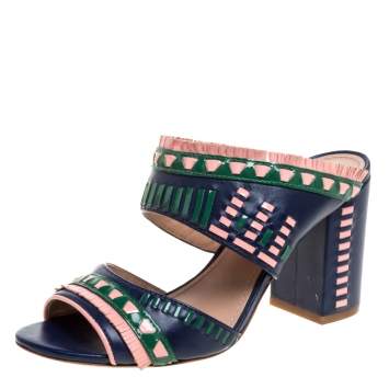 Pre Owned Tory Burch Blue Leather Topanga Mule Sandals Size 36