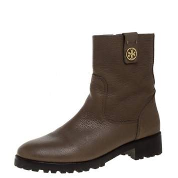 Pre Owned Tory Burch Dark Beige Grained Leather Oakbridge Ankle Boots Size 38.5