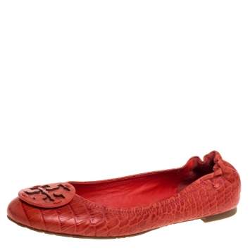 Pre Owned Tory Burch Orange Leather Croc Print Reva Flats Size 39.5