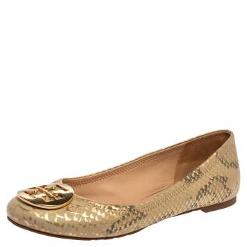 Pre Owned Tory Burch Gold/Beige Python Print Leather Reva Ballet Flats Size 37.5