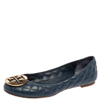 Pre Owned Tory Burch Blue Quilted Leather Quinn Ballet Flats Size 39 