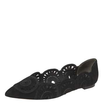 Pre Owned Tory Burch Black Suede Leyla Laser Cut Pointed Toe Ballet Flats Size 37.5