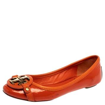 Pre Owned Tory Burch Orange Patent Leather Logo Ballet Flats Size 35