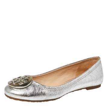Pre Owned Tory Burch Silver Leather Reva Ballet Flats Size 35.5