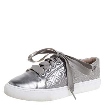 Pre Owned Tory Burch Metallic Grey Marion Quilted Leather Low Top Sneakers Size 35.5