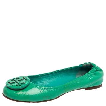 Pre Owned Tory Burch Green Patent Leather Reva Scrunch Ballet Flats Size 36