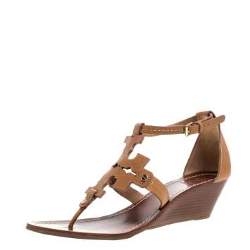 Pre Owned Tory Burch Brown Leather Phoebe Thong Ankle Strap Wedge Sandals Size 39.5