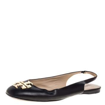 Pre Owned Tory Burch Black Leather Classic T Slingback Flats Size 37.5