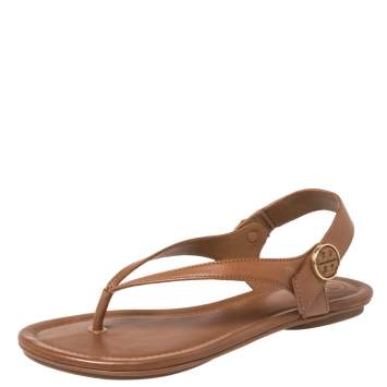 Pre Owned Tory Burch Brown Leather Minnie Sandals Size 35