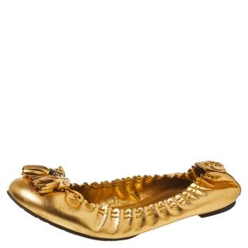 Pre Owned Tory Burch Metallic Gold Leather Tassel Scrunch Ballet Flats Size 39.5
