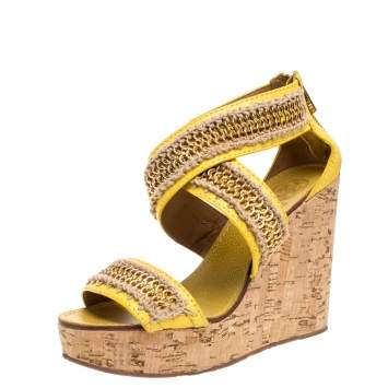 Pre Owned Tory Burch Yellow Leather Lucian Chain Embellished Cork Wedge Sandals Size 38
