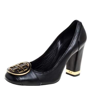 Pre Owned Tory Burch Black Leather Reva Block Heel Pumps Size 36.5