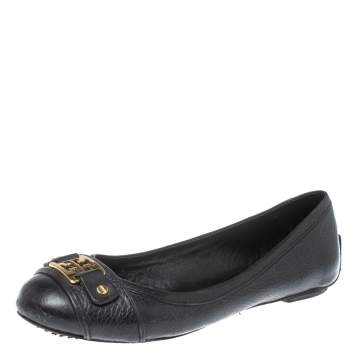 Pre Owned Tory Burch Black Leather Logo Ballet Flats Size 37.5 