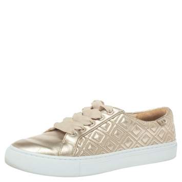 Pre Owned Tory Burch Light Gold Quilted Leather Marion Sneakers Size 38