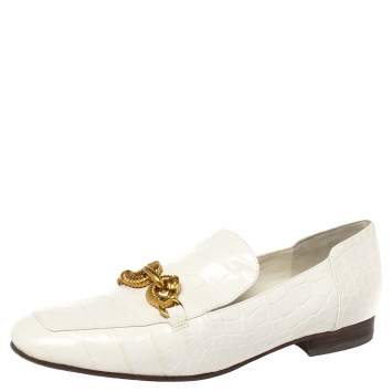 Pre Owned Tory Burch White Croc Embossed Leather Jessa Loafers Size 38