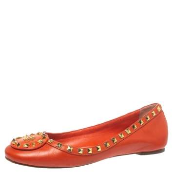 Pre Owned Tory Burch Orange Leather Studded Ballet Flats Size 40