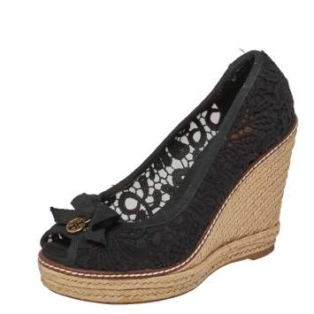 Pre Owned Tory Burch Black Lace And Canvas Trim Bow Wedge Espadrille Pumps Size 37 