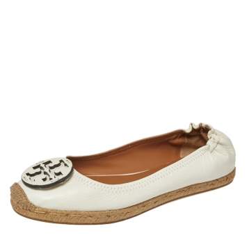Pre Owned Tory Burch White Leather Reva Logo Espadrille Ballet Size 38