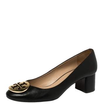 Pre Owned Tory Burch Black Leather Janey Block Heel Pumps Size 39