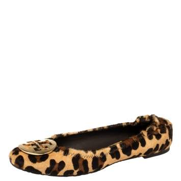 Pre Owned Tory Burch Beige Leopard Print Calf Hair Reva Ballet Flats Size 39