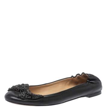 Pre Owned  Tory Burch Black Leather Azalea Scrunch Ballet Flats Size 39