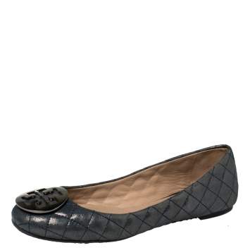 Pre Owned Tory Burch Grey Glitter Leather Reva Scrunch Ballet Flats Size 39.5