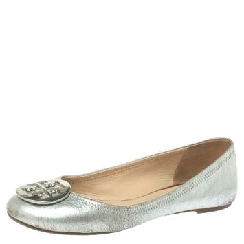 Pre Owned Tory Burch Silver Leather Reva Scrunch Ballet Flats Size 39