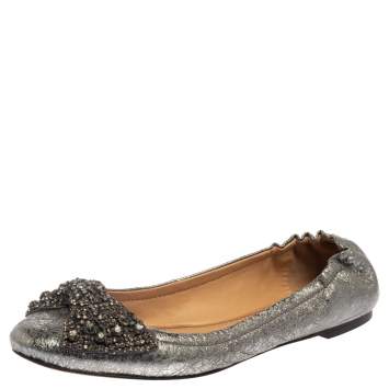 Pre Owned Tory Burch Silver Leather Azalea Bow Ballet Flats Size 39