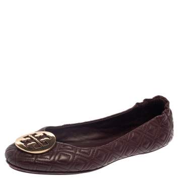 Pre Owned Tory Burch Burgundy Leather Reva Scrunch Ballet Flats Size 38.5 