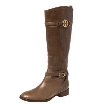 Pre Owned Tory Burch Brown Leather Mid Calf Boots Size 39.5